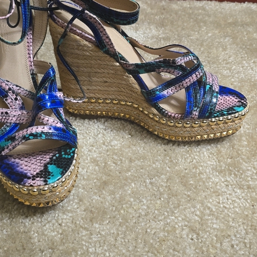 Asos blue, green, beige snakeskin gold studded strappy espadrilles - Picture 2 of 4